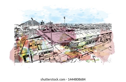Building view with landmark of Montreal is the largest city in Canada's Quebec province. Watercolor splash with Hand drawn sketch illustration in vector.