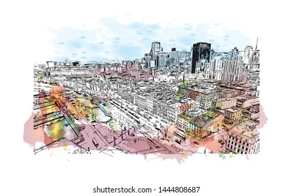 Building view with landmark of Montreal is the largest city in Canada's Quebec province. Watercolor splash with Hand drawn sketch illustration in vector.