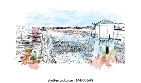 Building view with landmark of Montreal is the largest city in Canada's Quebec province. Watercolor splash with Hand drawn sketch illustration in vector.