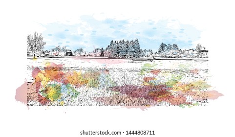Building view with landmark of Montreal is the largest city in Canada's Quebec province. Watercolor splash with Hand drawn sketch illustration in vector.
