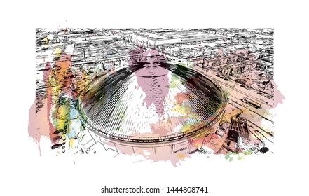 Building view with landmark of Montreal is the largest city in Canada's Quebec province. Watercolor splash with Hand drawn sketch illustration in vector.