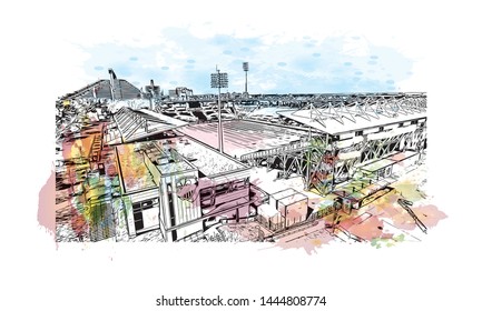 Building view with landmark of Montreal is the largest city in Canada's Quebec province. Watercolor splash with Hand drawn sketch illustration in vector.