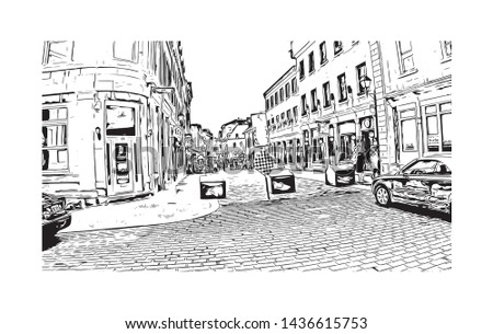 Building view with landmark of Montreal is the largest city in Canada's Quebec province. Hand drawn sketch illustration in vector.