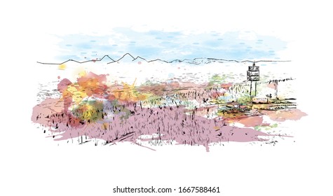 Building view with landmark of Montreux is a traditional resort town on Lake Geneva. Watercolor splash with Hand drawn sketch illustration in vector.