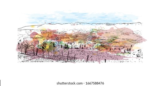 Building view with landmark of Montreux is a traditional resort town on Lake Geneva. Watercolor splash with Hand drawn sketch illustration in vector.