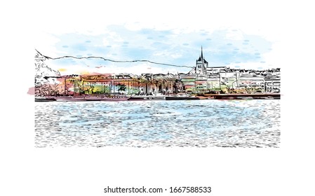 Building view with landmark of Montreux is a traditional resort town on Lake Geneva. Watercolor splash with Hand drawn sketch illustration in vector.