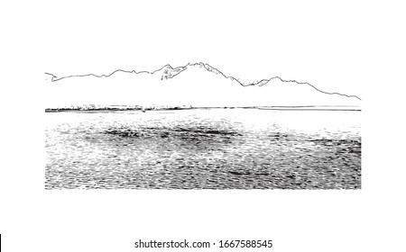 Building view with landmark of Montreux is a traditional resort town on Lake Geneva. Hand drawn sketch illustration in vector.