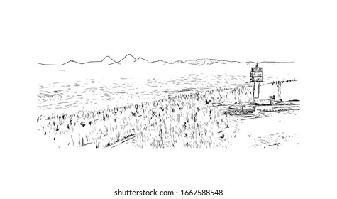 Building view with landmark of Montreux is a traditional resort town on Lake Geneva. Hand drawn sketch illustration in vector.