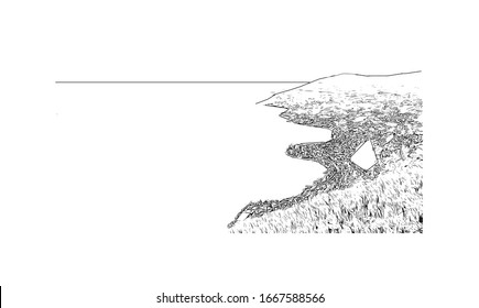 Building view with landmark of Montreux is a traditional resort town on Lake Geneva. Hand drawn sketch illustration in vector.