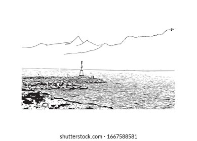 Building view with landmark of Montreux is a traditional resort town on Lake Geneva. Hand drawn sketch illustration in vector.
