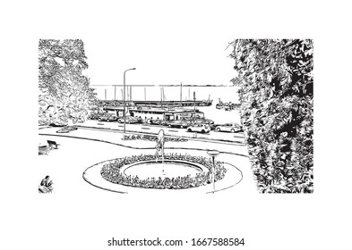 Building view with landmark of Montreux is a traditional resort town on Lake Geneva. Hand drawn sketch illustration in vector.