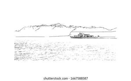 Building view with landmark of Montreux is a traditional resort town on Lake Geneva. Hand drawn sketch illustration in vector.