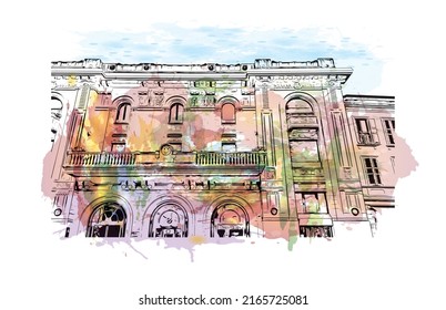 Building view with landmark of Monza is the 
city in Italy. Watercolor splash with hand drawn sketch illustration in vector.