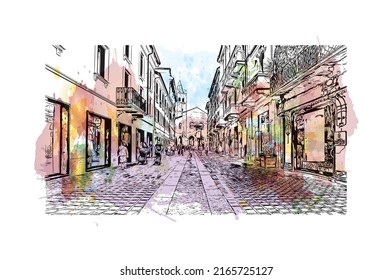Building view with landmark of Monza is the 
city in Italy. Watercolor splash with hand drawn sketch illustration in vector.