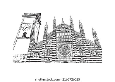 Building view with landmark of Monza is the 
city in Italy. Hand drawn sketch illustration in vector.
