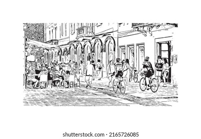 Building view with landmark of Monza is the 
city in Italy. Hand drawn sketch illustration in vector.