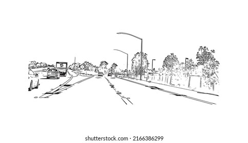 Building view with landmark of Moreno Valley is the 
city in California. Hand drawn sketch illustration in vector.