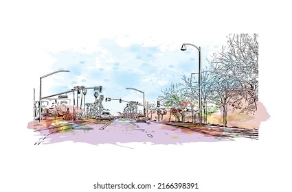 Building view with landmark of Moreno Valley is the 
city in California. Watercolor splash with hand drawn sketch illustration in vector.