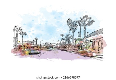 Building view with landmark of Moreno Valley is the 
city in California. Watercolor splash with hand drawn sketch illustration in vector.