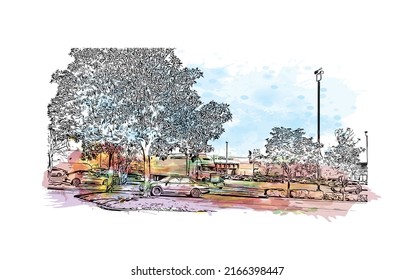 Building view with landmark of Moreno Valley is the 
city in California. Watercolor splash with hand drawn sketch illustration in vector.