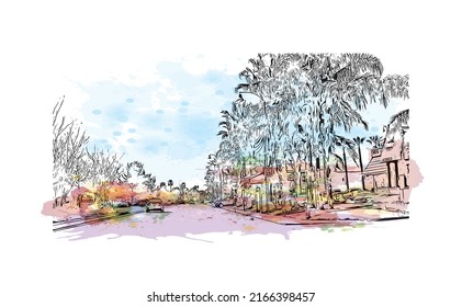 Building view with landmark of Moreno Valley is the 
city in California. Watercolor splash with hand drawn sketch illustration in vector.