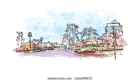 Building view with landmark of Moreno Valley is the 
city in California. Watercolor splash with hand drawn sketch illustration in vector.