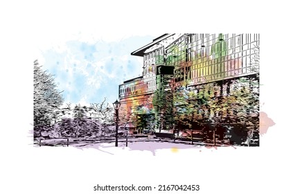 Building view with landmark of Morgantown is a city in West Virginia. Watercolor splash with hand drawn sketch illustration in vector.