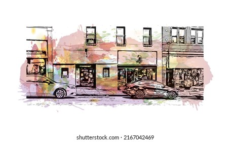 Building view with landmark of Morgantown is a city in West Virginia. Watercolor splash with hand drawn sketch illustration in vector.