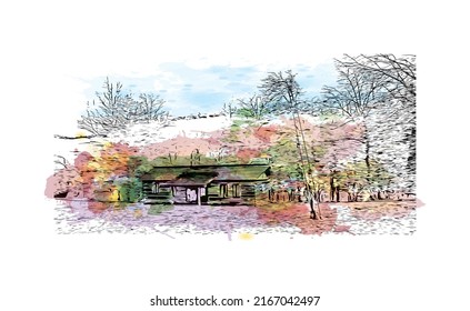 Building view with landmark of Morgantown is a city in West Virginia. Watercolor splash with hand drawn sketch illustration in vector.