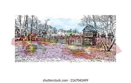 Building view with landmark of Morgantown is a city in West Virginia. Watercolor splash with hand drawn sketch illustration in vector.