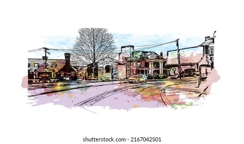 Building view with landmark of Morgantown is a city in West Virginia. Watercolor splash with hand drawn sketch illustration in vector.