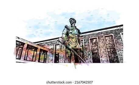 Building view with landmark of Morgantown is a city in West Virginia. Watercolor splash with hand drawn sketch illustration in vector.