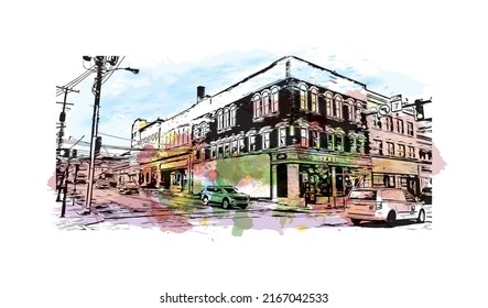 Building view with landmark of Morgantown is a city in West Virginia. Watercolor splash with hand drawn sketch illustration in vector.
