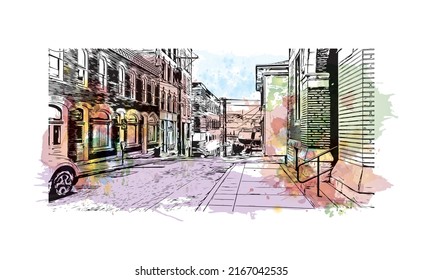 Building view with landmark of Morgantown is a city in West Virginia. Watercolor splash with hand drawn sketch illustration in vector.