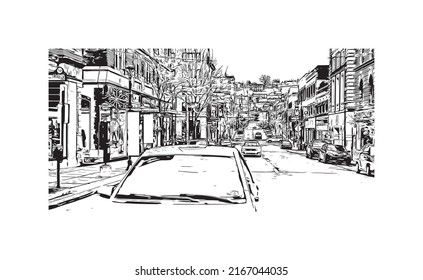 Building view with landmark of Morgantown is a city in West Virginia. Hand drawn sketch illustration in vector.