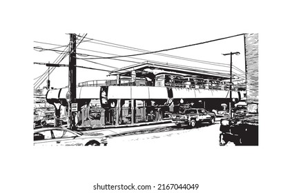 Building view with landmark of Morgantown is a city in West Virginia. Hand drawn sketch illustration in vector.