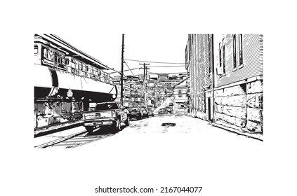 Building view with landmark of Morgantown is a city in West Virginia. Hand drawn sketch illustration in vector.