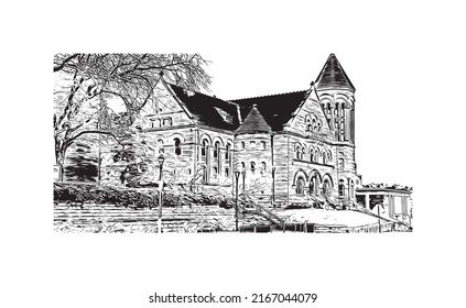 Building view with landmark of Morgantown is a city in West Virginia. Hand drawn sketch illustration in vector.