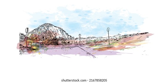 Building view with landmark of Morro Bay is a coastal city in California. Watercolor splash with hand drawn sketch illustration in vector.