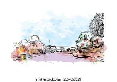 Der Blick auf das Gebäude mit Wahrzeichen von Morro Bay ist eine Küstenstadt in Kalifornien. Aquarellspritzer mit handgezeichneter Skizzengrafik in Vektorgrafik.