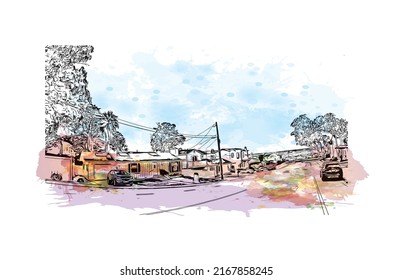 Der Blick auf das Gebäude mit Wahrzeichen von Morro Bay ist eine Küstenstadt in Kalifornien. Aquarellspritzer mit handgezeichneter Skizzengrafik in Vektorgrafik.