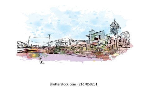 Building view with landmark of Morro Bay is a coastal city in California. Watercolor splash with hand drawn sketch illustration in vector.