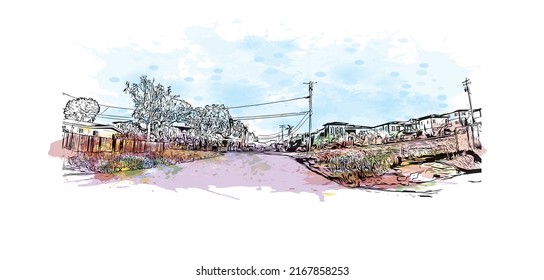 Building view with landmark of Morro Bay is a coastal city in California. Watercolor splash with hand drawn sketch illustration in vector.