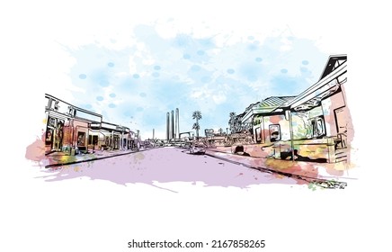 Building view with landmark of Morro Bay is a coastal city in California. Watercolor splash with hand drawn sketch illustration in vector.