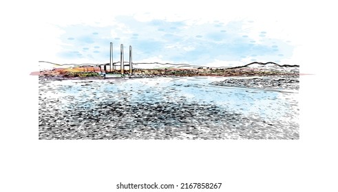 Building view with landmark of Morro Bay is a coastal city in California. Watercolor splash with hand drawn sketch illustration in vector.