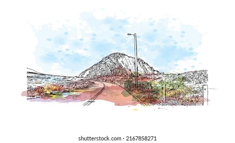 Building view with landmark of Morro Bay is a coastal city in California. Watercolor splash with hand drawn sketch illustration in vector.