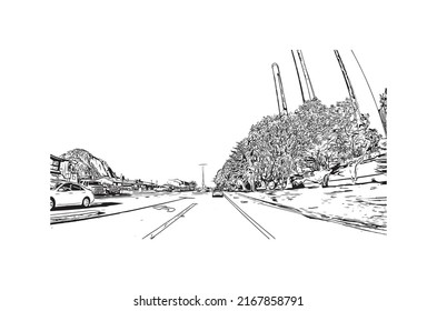 Building view with landmark of Morro Bay is a coastal city in California. Hand drawn sketch illustration in vector.