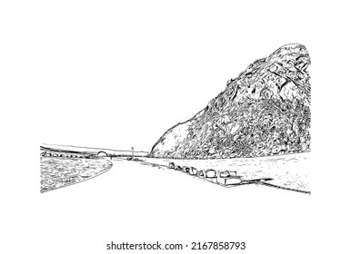 Construir vistas con monumentos de la bahía de Morro es una ciudad costera en California. Dibujo a mano de ilustración de esbozo en vector.