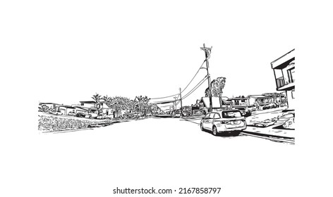 Building view with landmark of Morro Bay is a coastal city in California. Hand drawn sketch illustration in vector.