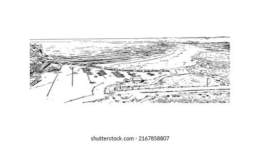 Der Blick auf das Gebäude mit Wahrzeichen von Morro Bay ist eine Küstenstadt in Kalifornien. Handgezeichnete Skizzengrafik in Vektorgrafik.